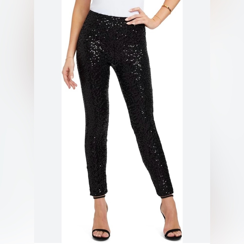 Chicos Ponte Pull On Sequin Leggings Women 8R Black Career Retro Disco Party NWT